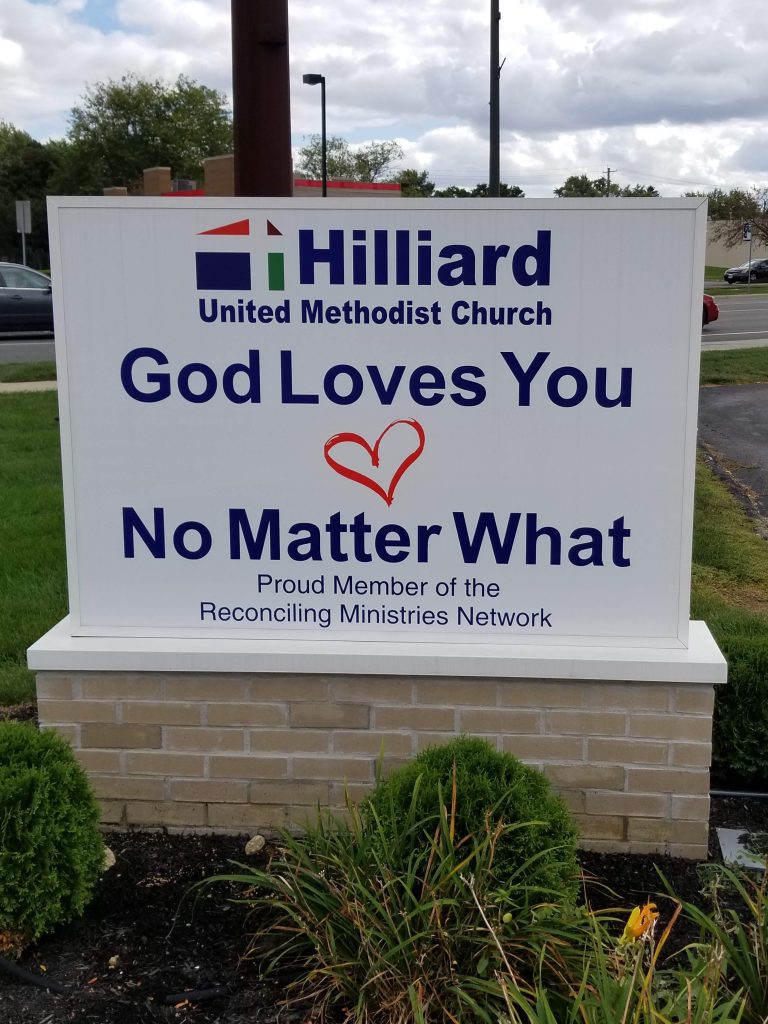 Hilliard UMC external sign God loves you no matter what